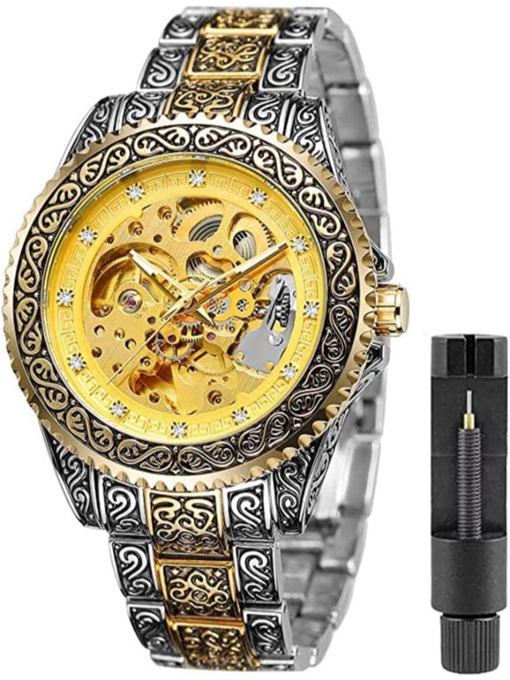 Men's Gold Automatic Skeleton Stainless Steel Band Stylish Mechanical Watch